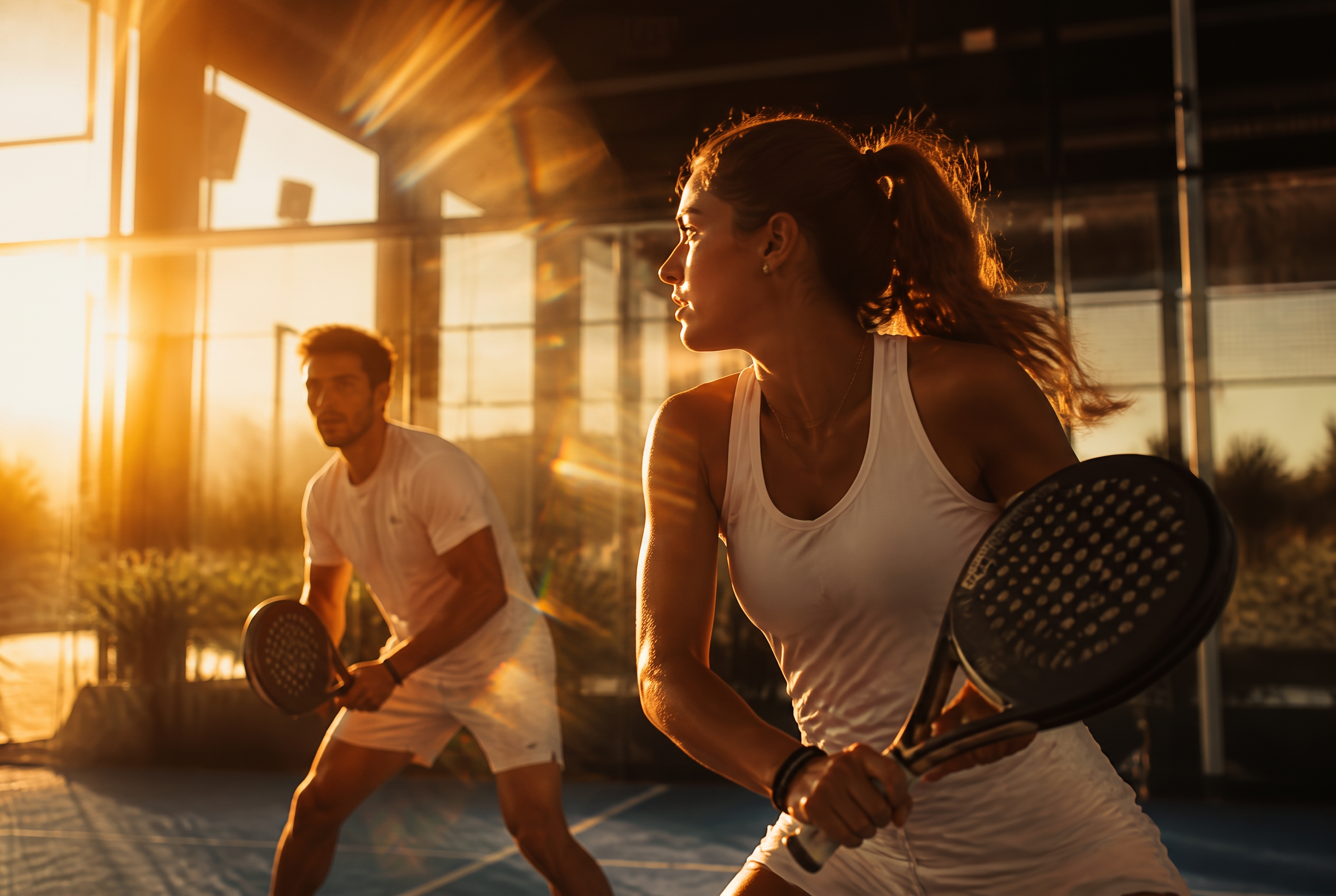 Twee spelers in actie op een padelbaan tijdens golden hour